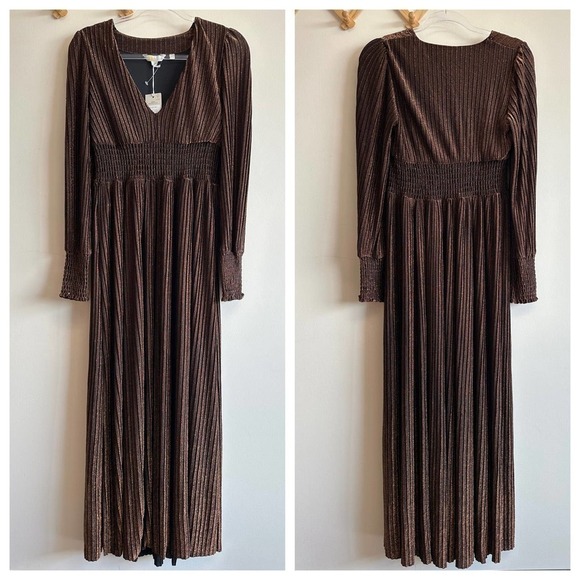 NWT Boden Metallic Brown Jersey Maxi Dress V-Neck Long Sleeve Size 6P Cinched - Picture 3 of 15